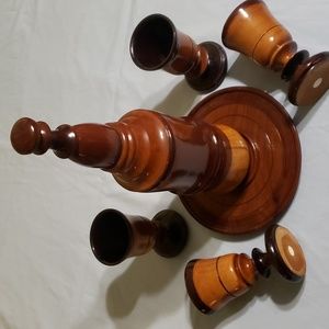 Vintage wooden wine decanter set including bottle with removable top